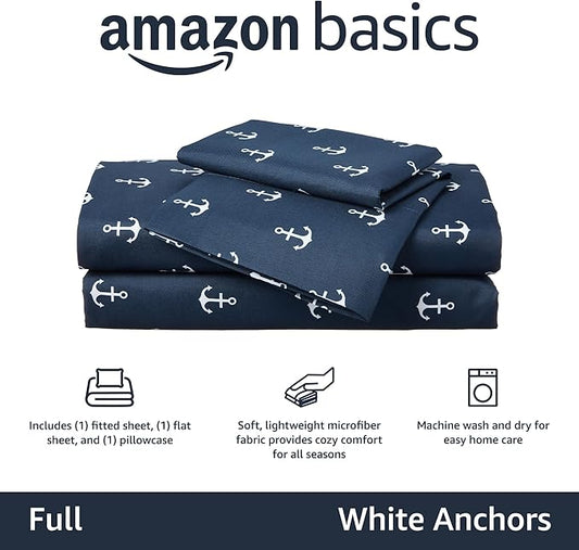 Amazon Basics Kid's Soft, Breathable, Easy-Wash Microfiber 4-Piece Sheet Set, Full, White Anchors
