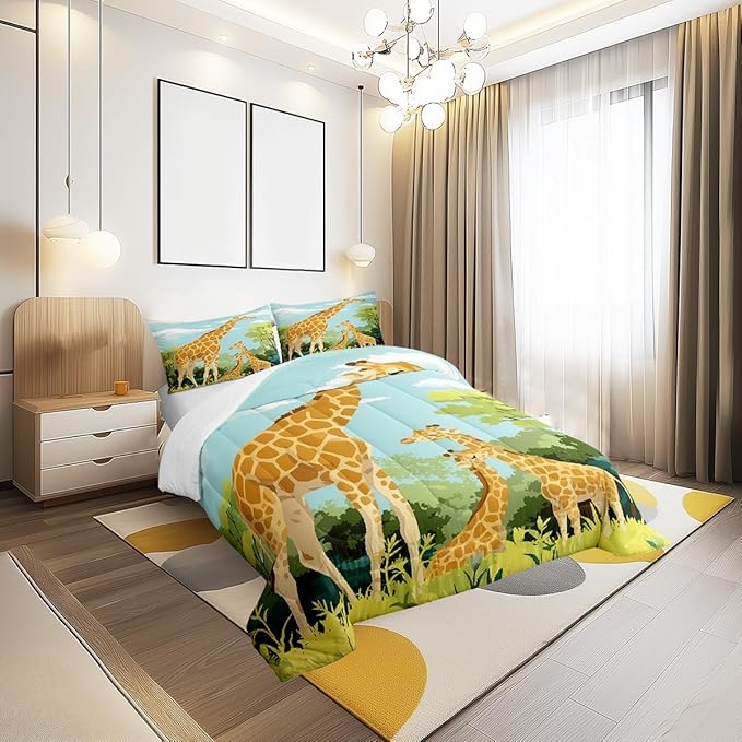Cartoon Giraffe Comforter Set King Size for Kids Cute Tropical Wild Animal Bedding Sets All Season Blue Sky Jungle Trees Quilt Set Bedroom Decor Tallest Neck Animal Down Comforter,3Pcs