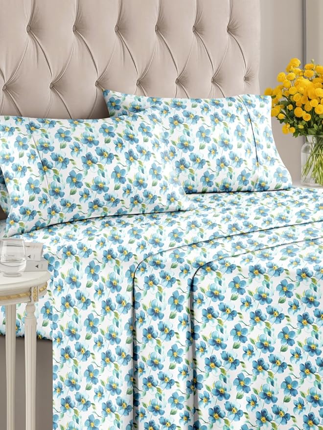 Floral Sheets - Flower Print Bed Sheet Set - 1 Flat, 1 Fitted & 2 Pillowcases w/ Deep Pockets - Comfy, Cozy, Wrinkle & Fade Free - Boho Botanical Bedding - Soft, Breathable & Cooling - Full Size Set