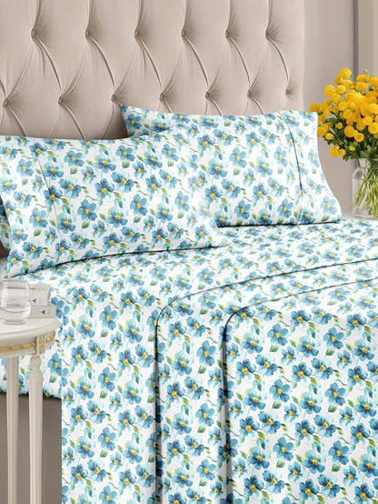 Floral Sheets - Flower Print Bed Sheet Set - 1 Flat, 1 Fitted & 2 Pillowcases w/ Deep Pockets - Comfy, Cozy, Wrinkle & Fade Free - Boho Botanical Bedding - Soft, Breathable & Cooling - Full Size Set