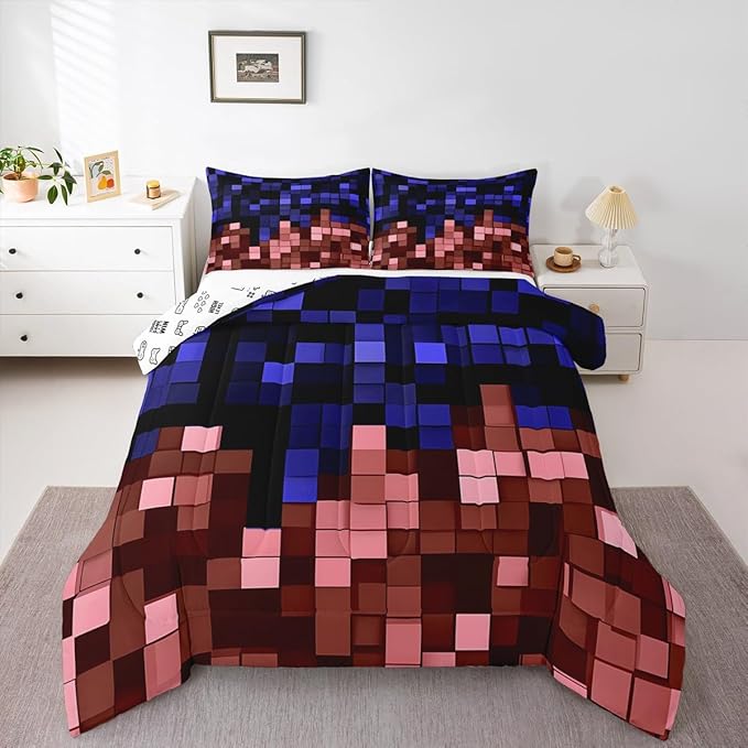 Pixelated Miners Game Kids Bedding Set Queen Size,Geometric Check Video Games Comforter Set,Gamepad Grid Gaming Quilt Comforter,Blue Red Bedroom Duvet Insert,2 Pillowcases
