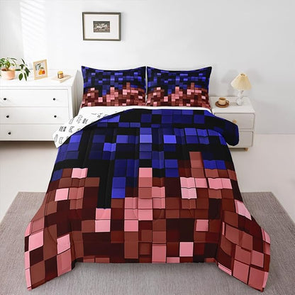 Pixelated Miners Game Kids Bedding Set Queen Size,Geometric Check Video Games Comforter Set,Gamepad Grid Gaming Quilt Comforter,Blue Red Bedroom Duvet Insert,2 Pillowcases