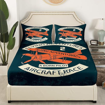 Retro Aircraft Sheets Set King,Vintage Airplane Orange Painting Decor Bedding Set for Youth Women Bedroom,Flying Adventure Helicopter Bed Set with Deep Pocket Fitted Sheet with 2 Pillow Case