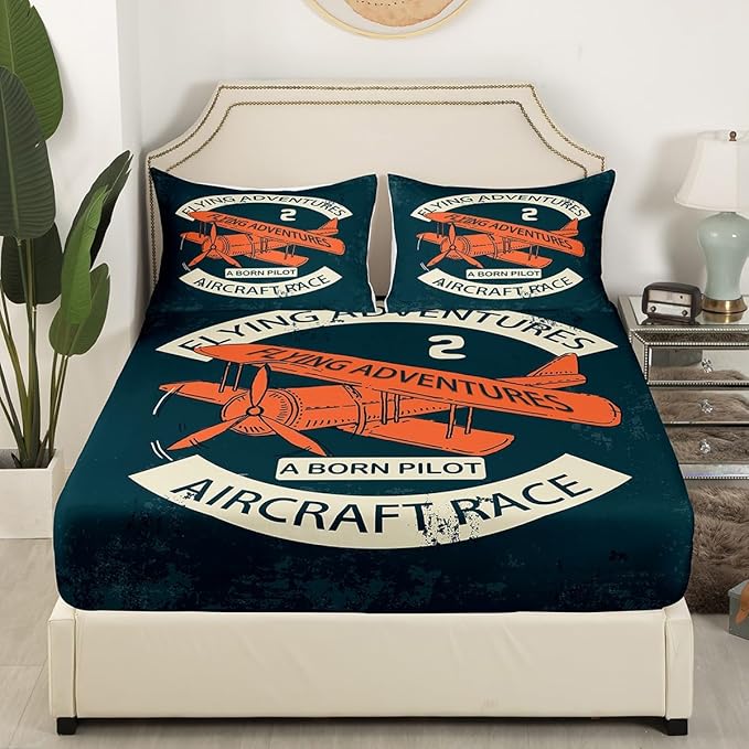 Retro Aircraft Bed Sheet Queen Set,Vintage Airplane Orange Painting Sheets Sets Boys Girls Bedroom Decor,Flying Adventure Helicopter Bedding Set with Flat,Fitted Sheet,2 Pillow Cases