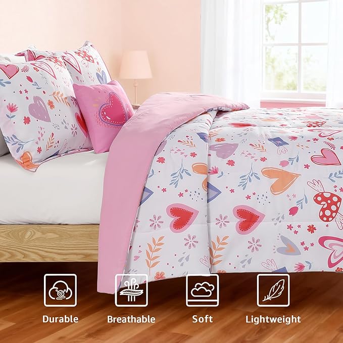 Twin Comforter Set for Girls-3 Pieces Heart Love Twin Bedding Sets for Kids,1 Comforter,1 Sham and 1 Decor Pillow