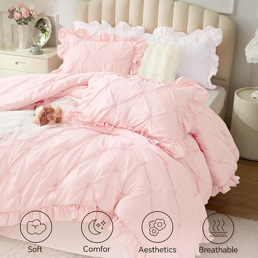 BEDELITE Baby Pink Comforter Set Queen - 3 Pieces Boho Ruffle Pintuck Bedding Comforter Sets, Lightweight Soft & Warm Bed Comforter with 2 Pillowcases for Spring,Valentines Day Gift