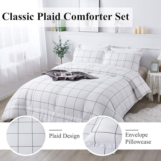 Andency White Grid Comforter Set Full(79x90Inch), 3 Pieces (1 Plaid Comforter and 2 Pillowcases) White Plaid Comforter Set, Lightweight Polyester Gingham Geometric Comforter Bedding Set