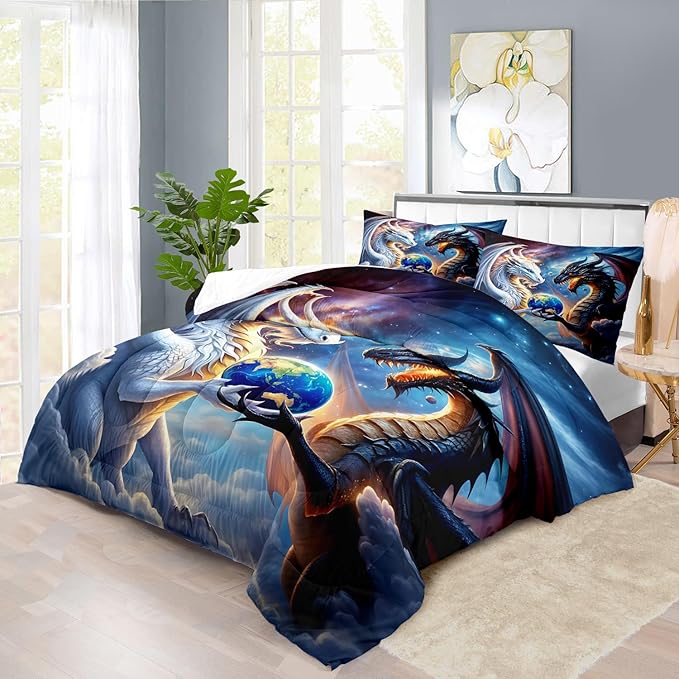 Black White Dragon Comforter Set Queen Boys Flame Ancient Mysterious Creatures Fantasy Dragon Bedding Set Boys Girls White and Black Comforter Queen Size Animals Quilt Room Decor
