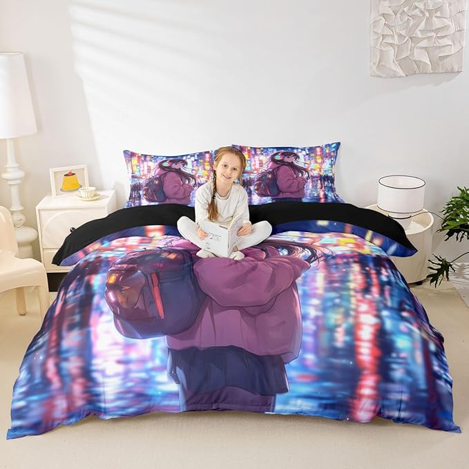 Erosebridal Cool Anime Girl Down Comforter Japanese Style Kids Queen Comforter Set 3D Cartoon Girly Anime Bedding Set Sci Fi Style Gaming Bed Set Room Decor 3 Pcs
