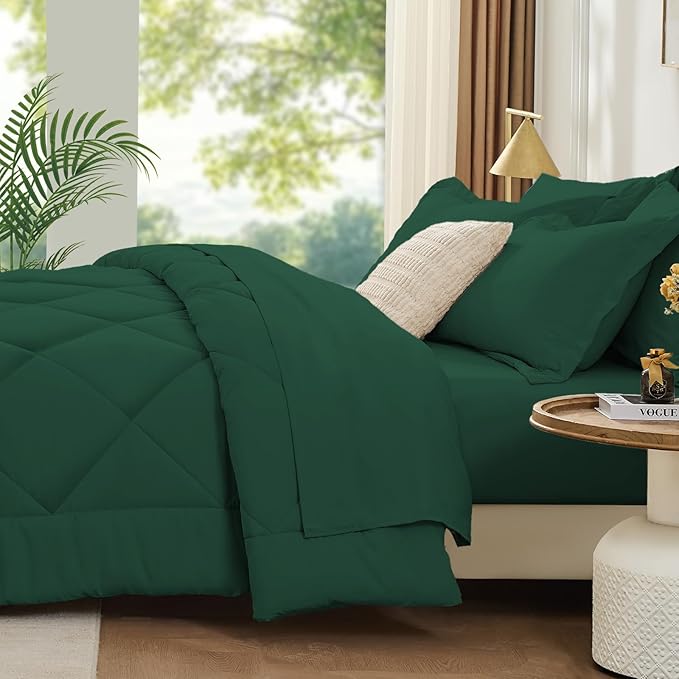 FUANNA 7 Pieces Full Size Comforter Sets, All Season Bedding Sets Full Size, Luxury Soft Bed in a Bag with Comforter, Flat Sheet, Fitted Sheet, Pillowcases & Pillow Shams, Emerald Green