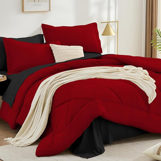 FUANNA 7 Pieces California King Size Comforter Set, All Season Bed in a Bag Cal King Size, Luxury Soft Bedding Sets with Comforter, Flat Sheet, Fitted Sheet, Pillowcases & Pillow Shams, Red & Black