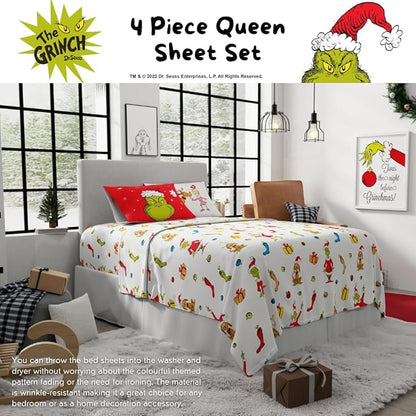 Collectibles Dr. Seuss The Grinch Holiday & Christmas Bedding Super Soft Microfiber 4 Piece Queen Sheet Set, (Officially Licensed Product) by Franco