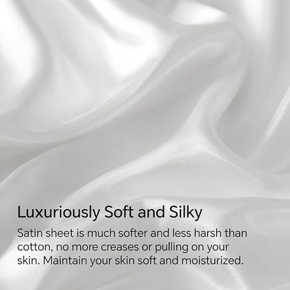BEDELITE Satin Sheets Queen Size Bed Set, Luxury Soft White Silky Sheets for Hair and Skin, Similar to Silk Bed Sheets Set 4 Pieces （1 Deep Pocket Fitted Sheet, 1 Flat Sheet, and 2 Pillowcases）