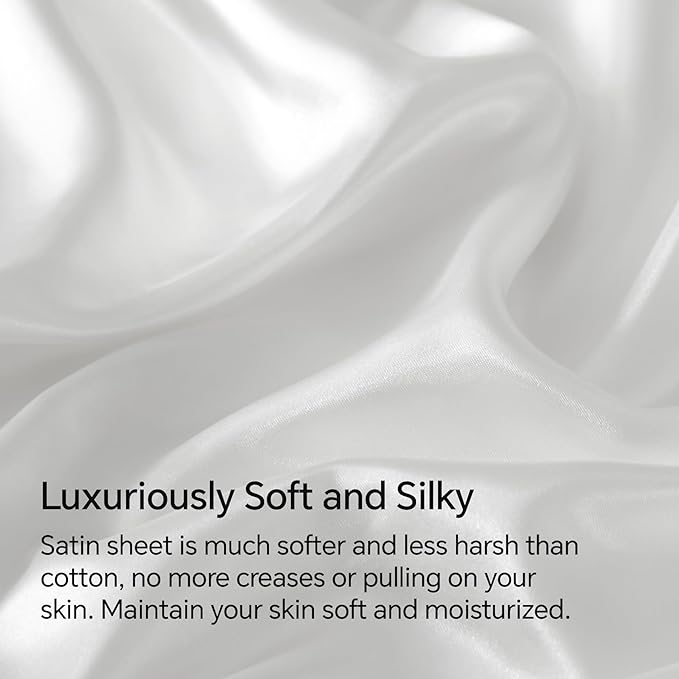 BEDELITE King Size Sheets Set, Luxury Soft White Satin Sheets for Hair and Skin, Similar to Silk Bed Sheets Set 4 Pieces with 1 Deep Pocket Fitted Sheet, 1 Flat Sheet, and 2 Pillowcases