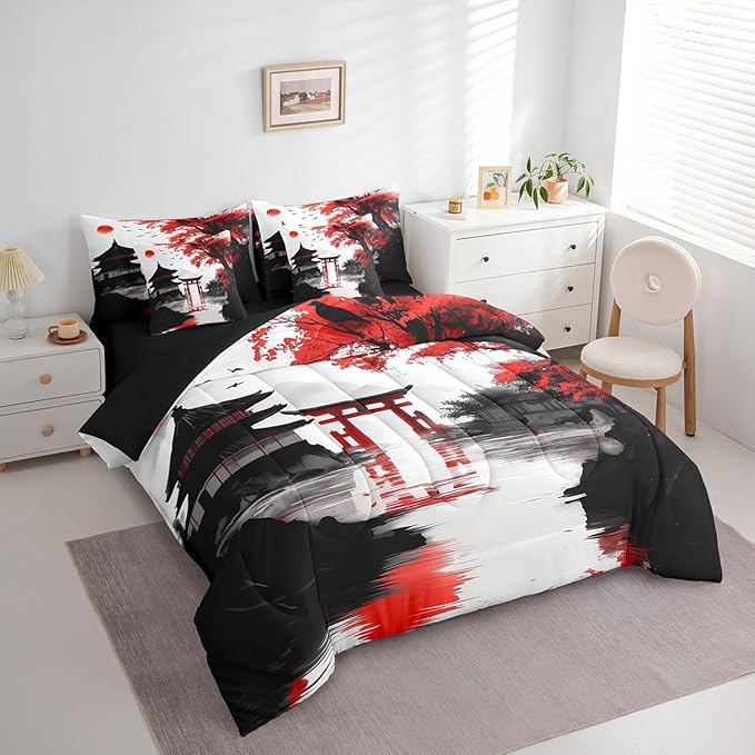 Erosebridal Japanese Full Comforter Set with Sheets 7 Piece Sun Cherry Blossom Bedding Set for Girls Women Watercolor Black Red Mountain Sakura Floral Bed in A Bag Asian Chinese Ink Sheet Set