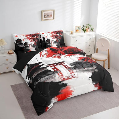 Erosebridal Japanese King Comforter Set with Sheets 7 Piece Sun Cherry Blossom Bedding Set for Girls Women Watercolor Black Red Mountain Sakura Floral Bed in A Bag Asian Chinese Ink Sheet Set