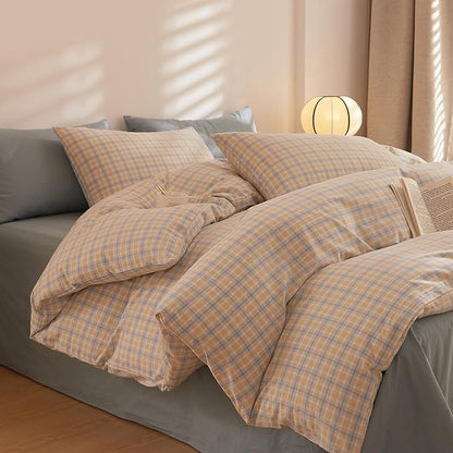 HighBuy Yellow Gingham Comforter Set Queen Size Plaid Comforter Queen Set Modern Checkered Grid Bedding Comforter Hotel Luxury Comfy Fluffy Bedding Sets for Men Teen,Easy Care