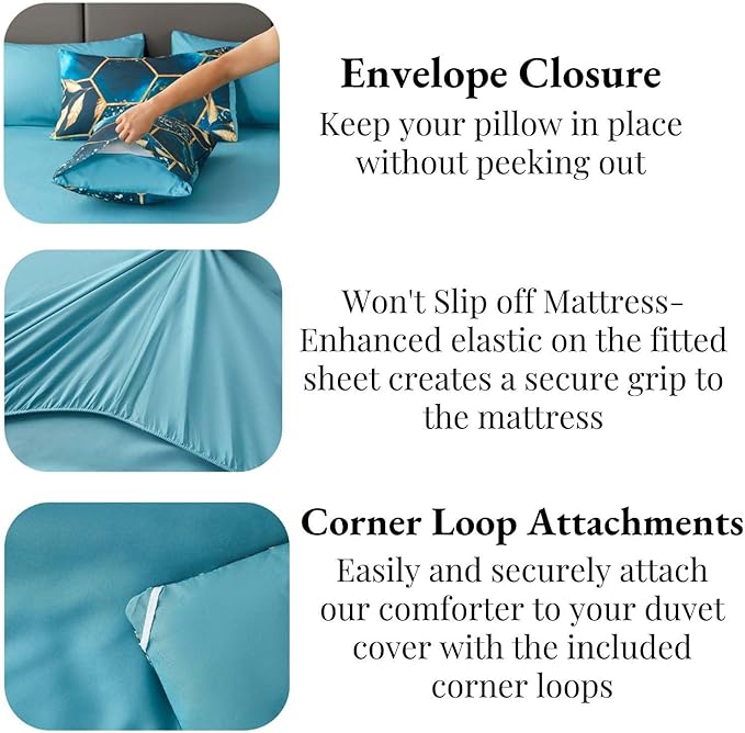 ANGIYUIN Teal Gold Bedding Set King Geometric Honeycomb Bedding Comforter Sets, 7Pcs Hexagon Watercolor Bed in A Bag, Marble Foil Print Bed Sets with Sheets Pillowcases (Teal King)