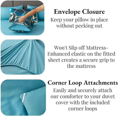 ANGIYUIN Teal and Gold Honeycomb Full Comforter Set, 7Pcs Geometric Hexagon Bedding Decor Gold Trim Bed in A Bag, Watercolor Foil Print Bed Comforter Sets with Sheets Pillowcases (Teal Full)