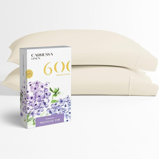 Carressa Linen 100% Egyptian Cotton King Size Pillow Cases Set of 2 - Luxury 600 Thread Count King Pillowcases (Ivory), Silky Soft, Cooling, Breathable Sateen Weave Hotel Quality Bed Pillow Cover