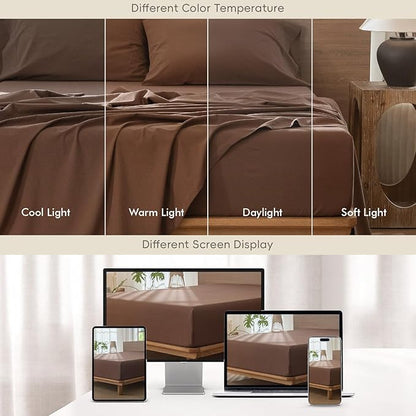 MooMee Fitted Bottom Sheet Only 100% Washed Cotton Linen Like Textured Breathable Durable Soft Comfy Deep Pocket Fits Mattress up to 17" (Cocoa Brown, King)