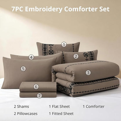 MaiRêve Queen Size Comforter Set Taupe Grey, Embroidery Floral Western Boho Bedding Set, All Season 7 Pieces Bed in a Bag with Sheets, Pillowcases & Shams