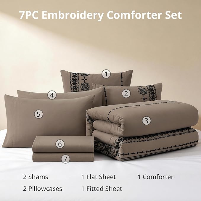 MaiRêve King Size Comforter Set Taupe Grey, Embroidery Floral Western Boho Bedding Set, All Season 7 Pieces Bed in a Bag with Sheets, Pillowcases & Shams