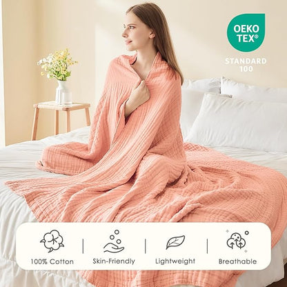 EMME Cotton Muslin Queen Blanket Bed Layering Bedspread Coverlet Breathable Gauze Soft Lightweight Adults (Pink,90"x90")
