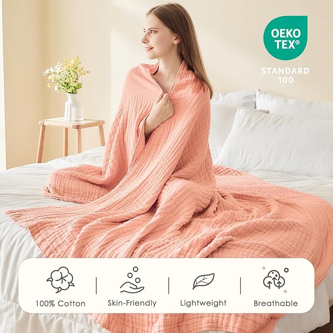 EMME Cotton Muslin Twin Blanket Breathable Gauze Soft Lightweight Adults Gifts for Women (Pink,60"x80")