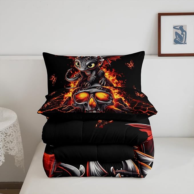 Cartoon Dragon Bedding Set King Size Black Skull Flame Crack Comforter for Child Toddler Teens Lovely Halloween Dragon Down Comforter Neon Red Butterfly Duvet Insert with 2 Pillowcases