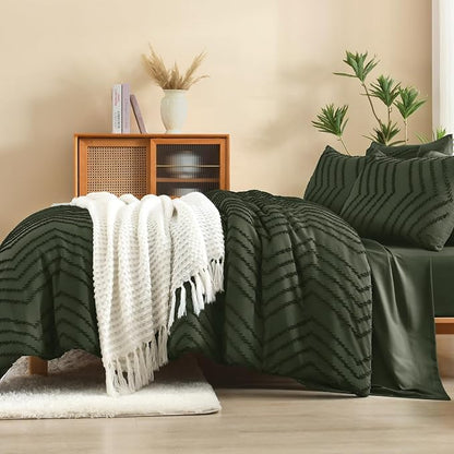Litanika Super King Plus Size Comforter Set with Sheets Olive Green - 7 Pieces Bed in a Bag Oversized King Boho Tufted Complete Bedding Sets with Comforter, Sheets, Pillowcases & Shams