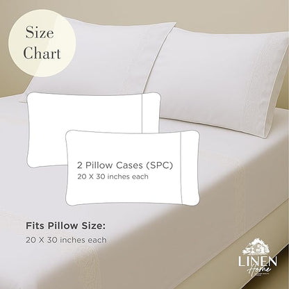 Linen Home 100% Cotton Percale Fluer Lace Pillowcases Queen/Standard Size, White, 2 Pieces of Pillow Case, Crisp and Cool Strong Bed Linen, 20 inches X 30 inches