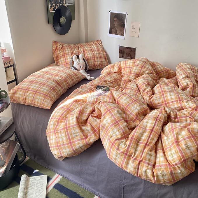 EAVD Vintage Style Gingham Duvet Cover King Soft 100% Washed Cotton Bedding Set with Colorful Grid Checkered Reversible Plaid Bedding Set for Men Women Modern Grid Plaid Duvet Cover with Zipper