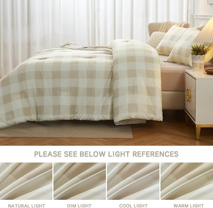 Andency Beige Grid King Size Comforter Set (104x90 Inch), 3 Pieces(1 Grid Comforter and 2 Pillowcases), Summer Lightweight Microfiber Down Alternative Beige Comforter