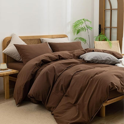 BESTOUCH Duvet Cover Set 100% Washed Cotton Linen Feel Super Soft Comfortable Chic Lightweight 3 PCs Home Bedding Set Solid Cocoa Brown Super Queen