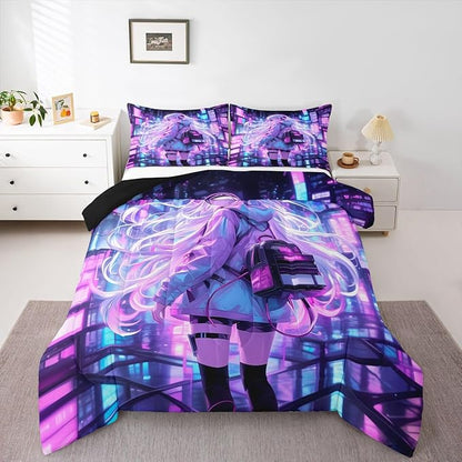 Erosebridal Japanese Girl Bedding Set Girly Anime Full Down Comforter for Kids,Sci Fi Style Gaming Comforter Set Room Decor 3 Pcs,3D Cartoon Anime Girl Duvet Insert 2 Pillow Cases
