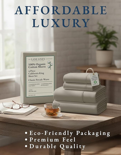 LANE LINEN 100% Organic Cotton California King Sheets Set, Fully Elasticized Reinforsed Seams in Fitted Pocket, Machine Washable Naturally Cooling All Season Cal King Sheet- Silver