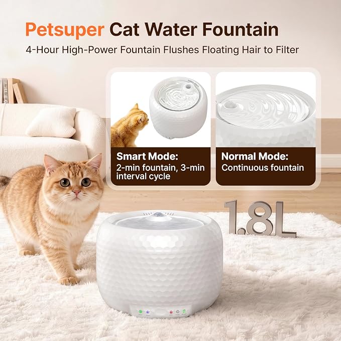 Red Dot Award Cat Water Fountain 1.8L/60oz, Ultra-Quiet Water Pump, Water-Electric Separation & Low Water Auto Shut Off for Cats Small Dogs