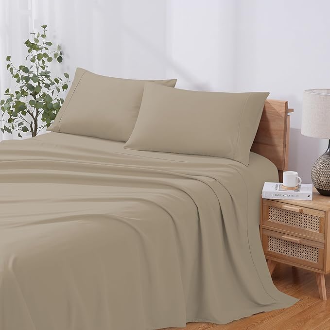 Modern Threads Soft Microfiber Solid Sheets - Luxurious Microfiber Bed Sheets - Includes Flat Sheet, Fitted Sheet with Deep Pockets, & Pillowcases Taupe Queen