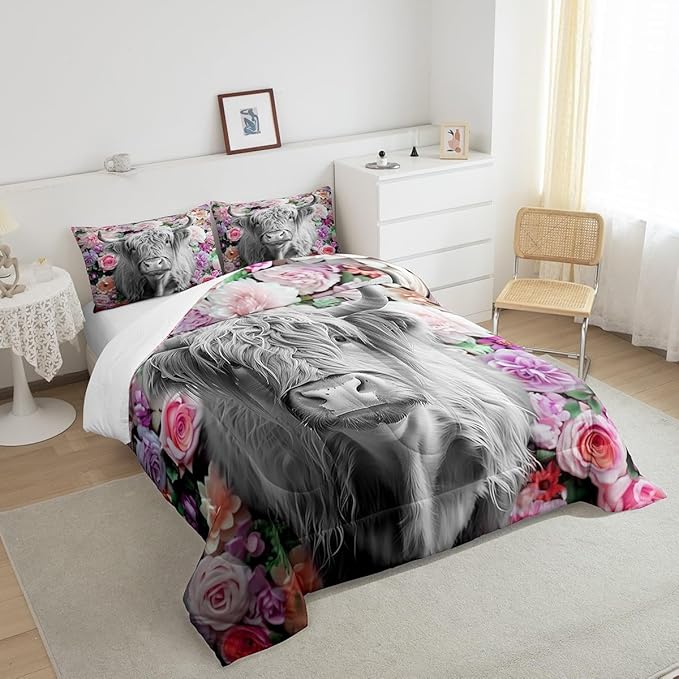 Erosebridal Highland Cow Comforter Set King Size Rose Flower Bedding Set for Kids Girls Boys Teens Adult Western Wild Animal Bull Cattle Down Comforter Funny Farmhouse Comforter Pink Grey