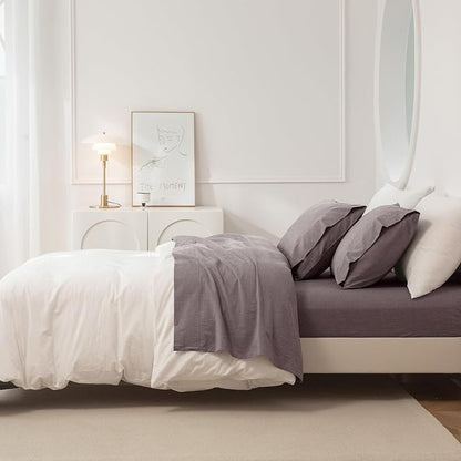 JIYUAN Queen Size Sheet Set, 4-Piece - 100% Washed Cotton, Linen-Like Soft & Breathable, Includes Deep Pocket Fitted & Flat Sheet with 2 Pillowcases, Hotel Quality, Heathered Mauve Brown