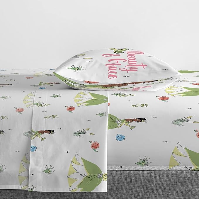 Jay Franco Kids Sheet Cartoon Set with Fitted, Flat Sheets & Pillow Cover - Ultra-Soft Bedding with Pillowcase for Room Decor, White - Tiana, 3 Piece Twin