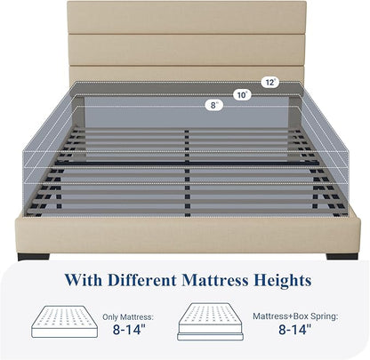 Allewie Queen Size Platform Bed Frame with Fabric Upholstered Headboard | Wooden Slats Support, Fully Upholstered Mattress Foundation, No Box Spring Needed, Easy Assembly, Noise-Free, Beige