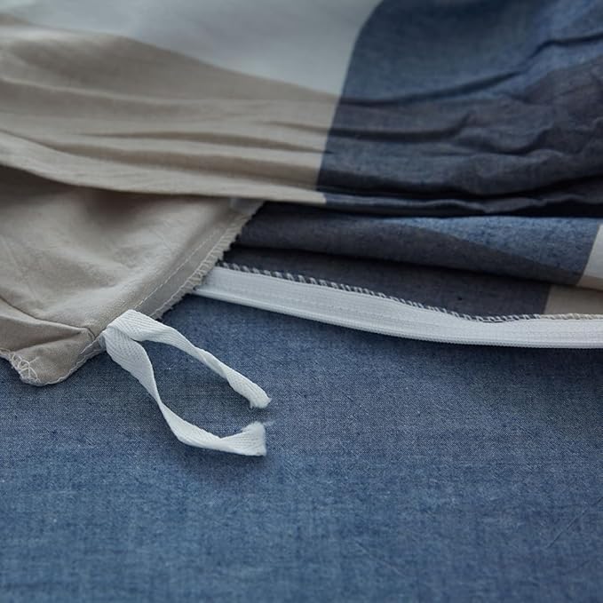 FACE TWO FACE Bedding Duvet Cover Set100% Washed Cotton Duvet Cover Linen Like Textured Breathable Durable Soft Comfy (Twin, Blue and White Grid)