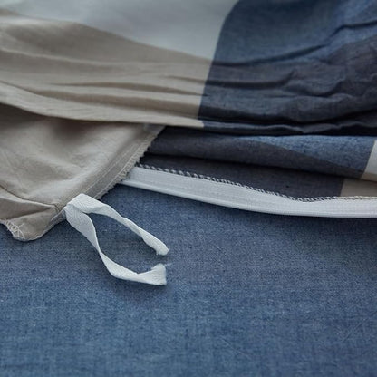 FACE TWO FACE Bedding Duvet Cover Set100% Washed Cotton Duvet Cover Linen Like Textured Breathable Durable Soft Comfy (King, Blue and White Grid)