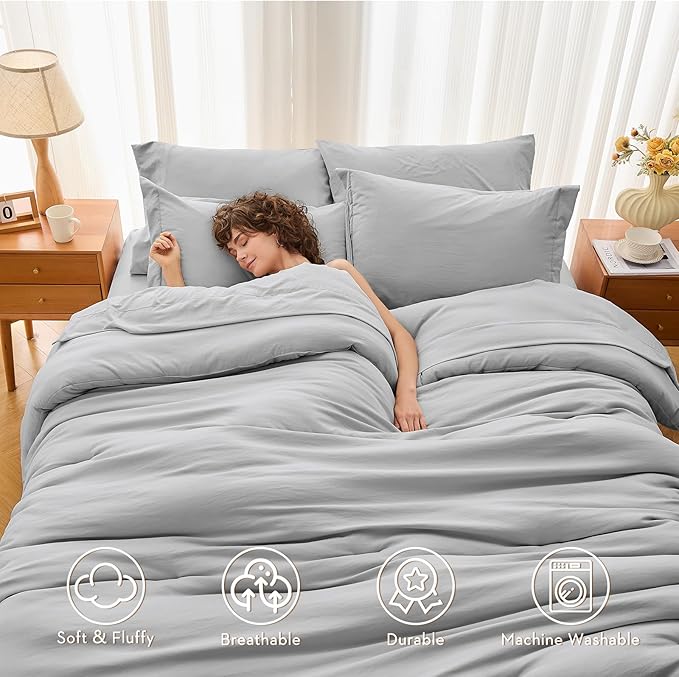 MUXHOMO 5 Pieces Twin XL Comforter Set, Soft Bed in a Bag Twin XL Size, All Season Bedding Set with Comforter, Flat Sheet, Fitted Sheet, Pillowcases & Shams, Light Grey