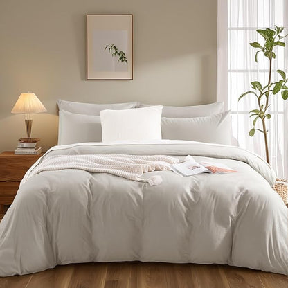 NEXHOME PRO Duvet Cover Full Size, 100% Washed Cotton Orgnic Linen Like Textured Breathable Durable Comfy, Cream Grey