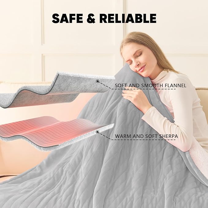 greenoak Heated Blanket Electric Full 72"X84", Heating Blanket with 10 Heat Levels 1/2/4/6/8 Hours Auto-Off, Flannel Sherpa Soft Warm Heater Blanket, Dove Grey