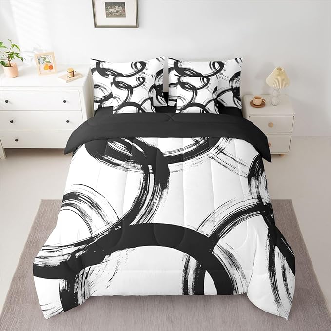 Erosebridal Black and White 7 Pcs Comforter Set Queen Abstract Line Minimalist Ink Painting Bedding Set for Kids Boys Girls Simple Graffiti Art Modern Geometric Sheet Set Boho Cool Unique Mens Quilt