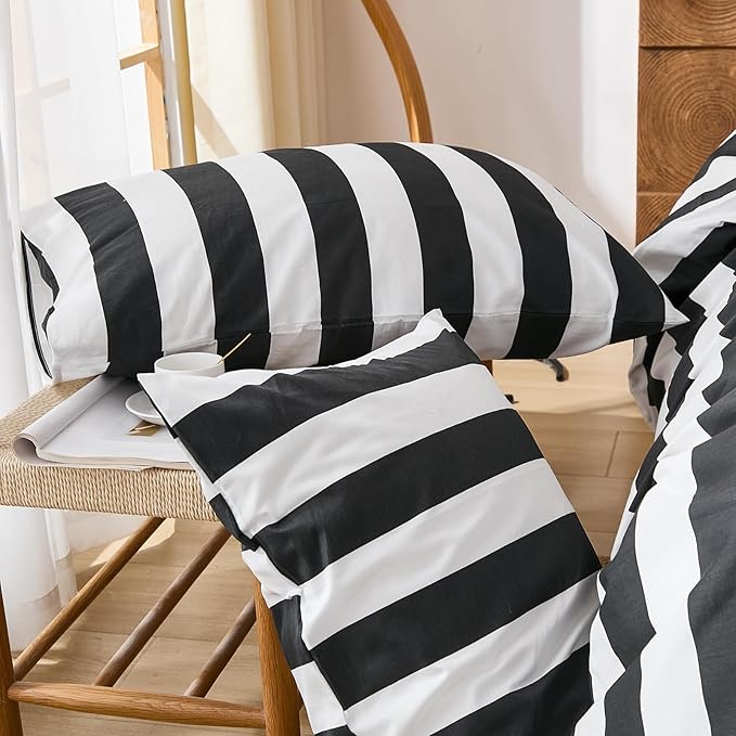 Merryword Black and White Striped Duvet Cover Set King Size - 100% Cotton Duvet Cover Set with Zipper Closure & 8 Corner Ties, 3-Piece Luxury Linen Like Bedding Set for All Seasons